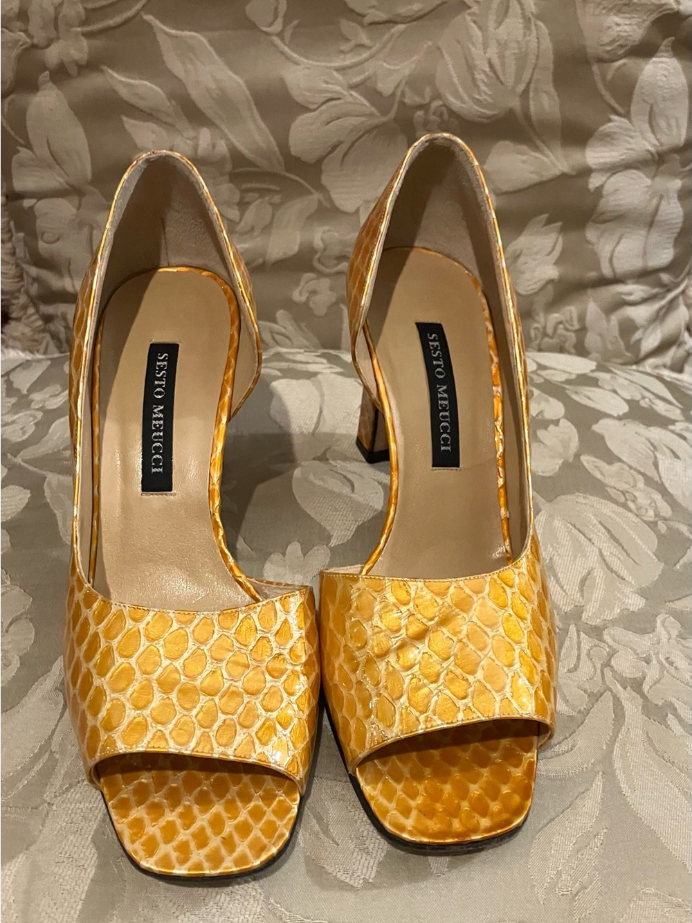 Sesto Meucci Yellow Snake-Texture Open-Toe Heels